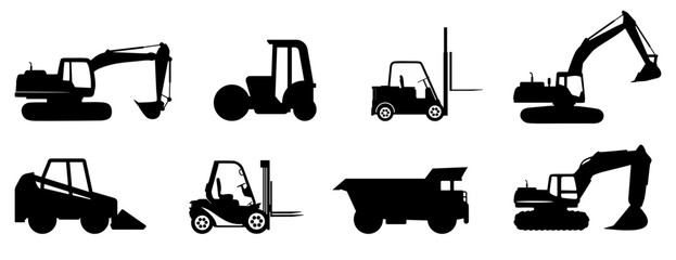 Black construction vehicle silhouette collection. Set of black vehicle silhouette. Black transportation silhouette icons - obrazy, fototapety, plakaty