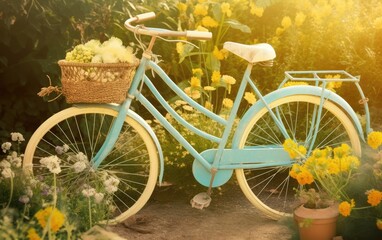 Naklejka na ściany i meble Old bicycle with basket of flowers. Generative AI.