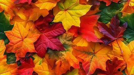 Colorful bright red green orange and yellow fall foliage laying on top of each other