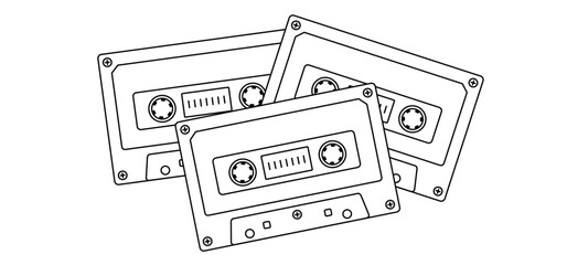 Cartoon plastic old audio record cassette. Drawing cassette tape symbol or icon. Retro music tape cassette, 1970s, 1980s style. For free copy. Music audio record from 70s, 80s, 90s hits, mixtape.
