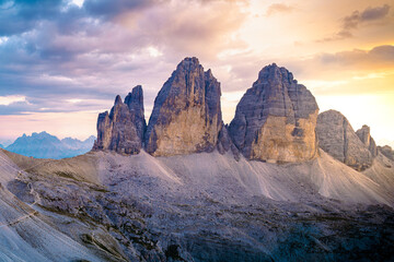 Epic view from Sextner Stein on Monte Paterno and Tre Cime mountain range in the evening. Tre Cime, Dolomites, South Tirol, Italy, Europe.