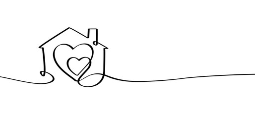 Cartoon love house line pattern. Home icon or symbol. One continuous line drawing. buildings or houses logo. Heart icon. Home sweet home