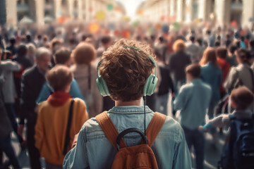 Boy on the autism spectrum wearing noise cancelling headphones from the back in a big crowd created with AI generative tools
