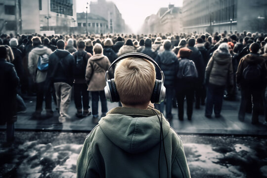 Boy on the autism spectrum wearing noise cancelling headphones from the back in a big crowd created with AI generative tools