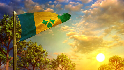 waving flag of Saint Vincent and the Grenadines at sundown for national holiday - abstract 3D illustration - obrazy, fototapety, plakaty