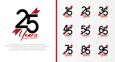 set of anniversary logo black color number and red ribbon on white background for celebration - obrazy, fototapety, plakaty