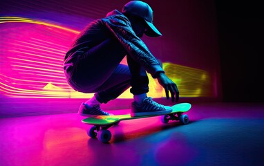 Skater skate the skateboard at the neon light background. Generative AI.