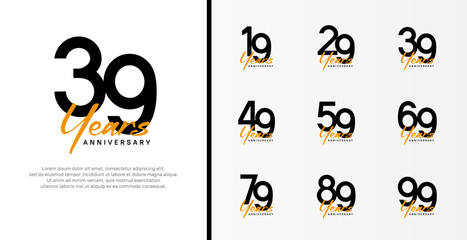 set of anniversary logo flat black color number and orange text on white background for celebration