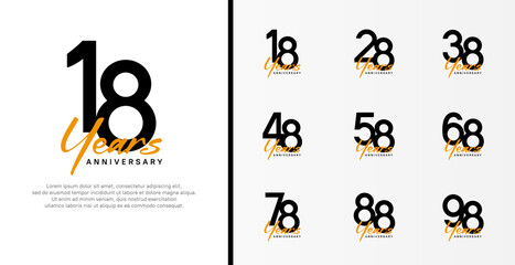 set of anniversary logo flat black color number and orange text on white background for celebration