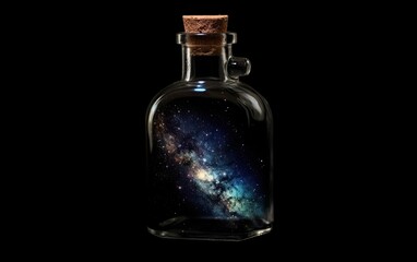 Colorful galaxy inside of the bottle in the black background. Generative AI.