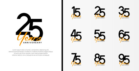 set of anniversary logo flat black color number and orange text on white background for celebration