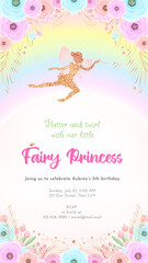 Fairy birthday party invitation template. Gold sparkling silhouette of a cute little pixie on a beautiful floral background with a rainbow. Can be used for web and social networks. Vector 10 EPS.