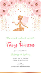 Fairy birthday party invitation template. Gold sparkling silhouette of a cute little pixie on a beautiful floral background. Can be used for web, social networks and stories. Vector 10 EPS.