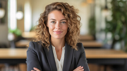 Empowered Elegance: Confident Blond Businesswoman Smiling against Blurred Office Background