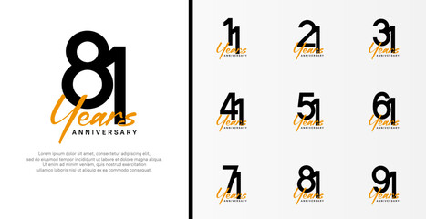 set of anniversary logo flat black color number and orange text on white background for celebration