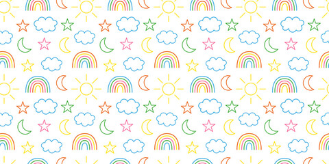 Colorful Rainbow, Cloud, Moon, Stars seamless pattern doodle style. Cute kids nature repeating print. Childish background, texture for textile, fabric,kids room. Flat graphic vector illustration