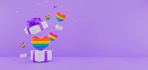 3D Render open gift box with heart shape balloons on purple background. Pride month