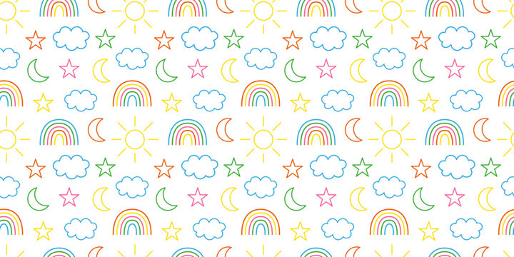 Colorful Rainbow, Cloud, Moon, Stars seamless pattern doodle style. Cute kids nature repeating print. Childish background, texture for textile, fabric,kids room. Flat graphic vector illustration