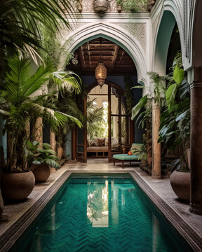 Fototapeta A stunning and peaceful riad with a mini pool, surrounded by tropical plants and light woods, Generative AI