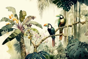 landscape on a tropical forest with trees, palms and branches standing on it, colorful birds, fruits and fruits, Generative ai