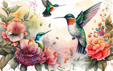 Watercolor painting pattern of a hummingbird with flowers and roses in a landscape, Generative ai