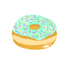 Donuts hand drawn illustration with different toppings chocolate mint green tea strawberry 