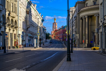 Fototapeta na wymiar Petrovka street in Moscow, Russia. Architecture and landmarks of Moscow. Cozy cityscape of Moscow