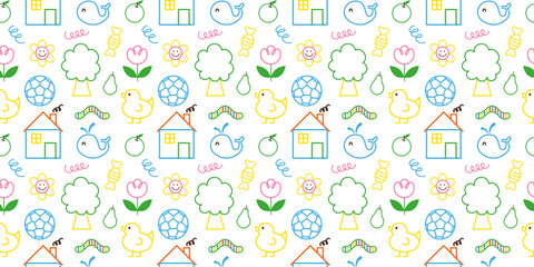 Colorful simple nature seamless pattern doodle style. Childish simple background, texture for textile, fabric, kids room, wrapping. Flat graphic vector illustration