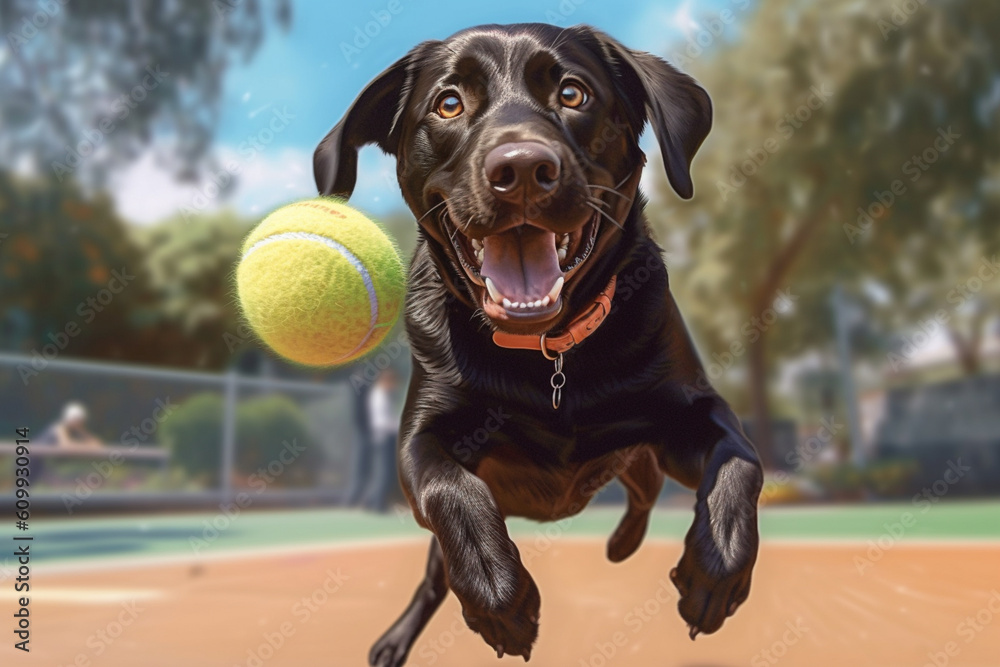 Poster a playful labrador retriever fetching a ball in a park, representing the joy and companionship of a 