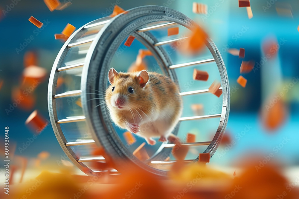 Poster a hamster running on a wheel in its cage, reflecting the popularity of small rodents as low-maintena
