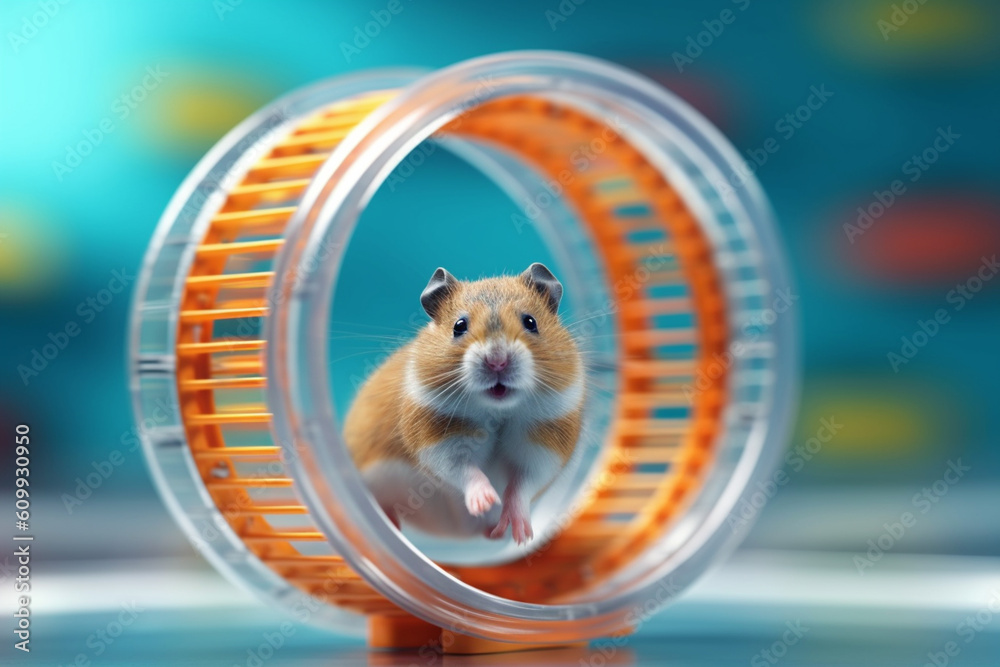 Poster a hamster running on a wheel in its cage, reflecting the popularity of small rodents as low-maintena