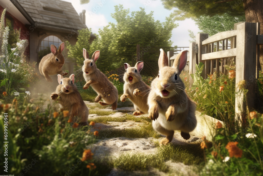 Poster A group of rabbits hopping and playing in an enclosed garden, illustrating the trend of creating enriching environments for pet rabbits.  Generative AI technology.