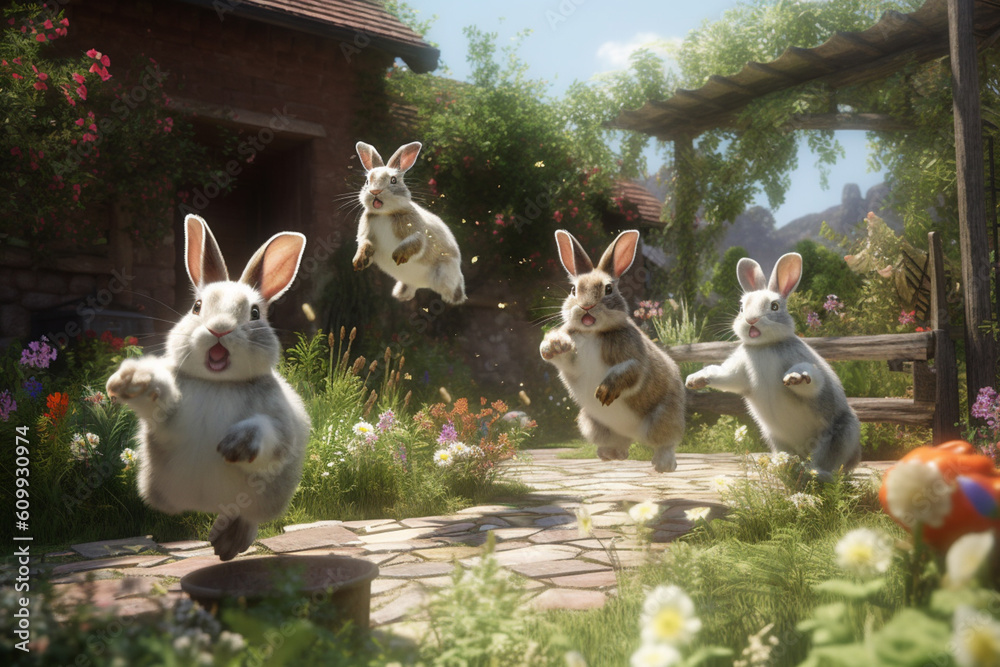 Poster a group of rabbits hopping and playing in an enclosed garden, illustrating the trend of creating enr