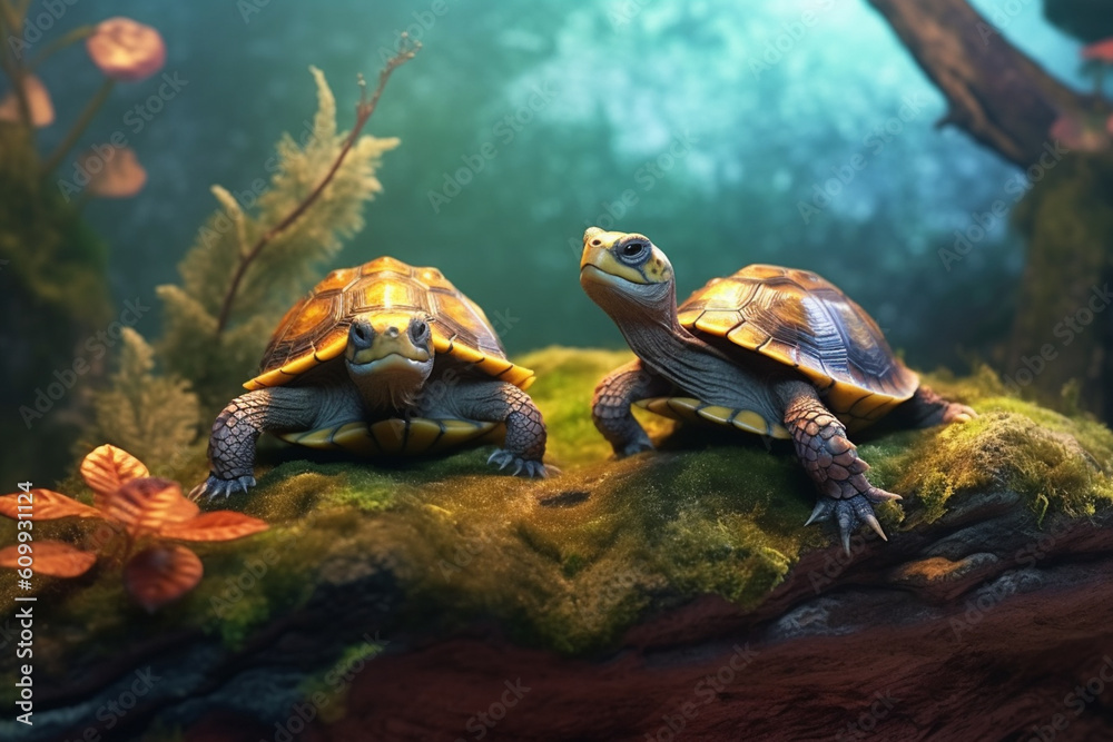 Aufkleber A pair of turtles basking on a log in a terrarium, representing the calm and low-maintenance nature of keeping turtles as pets. Generative AI technology.