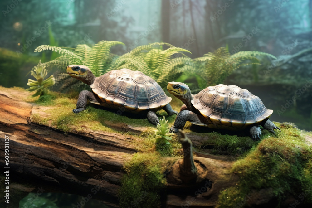 Aufkleber a pair of turtles basking on a log in a terrarium, representing the calm and low-maintenance nature 