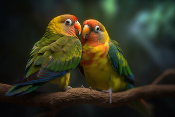 Fototapeta na wymiar A pair of lovebirds sitting on a perch, representing the harmony and affection found in avian companionship. Generative AI technology.
