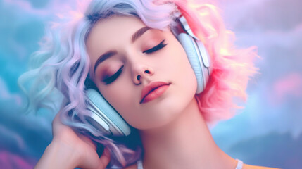 Beautiful girl with pink hair 
 listens to music with in headphones and dreaming. 