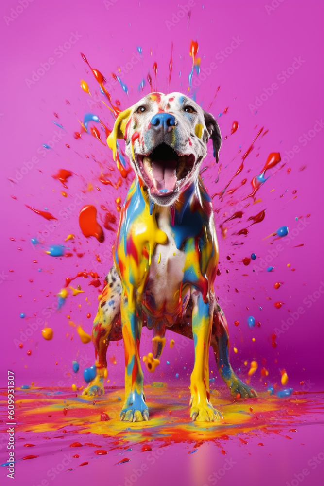 Poster an abstract surreal photograph of a dog splashed in bright paint, contemporary colors and mood socia