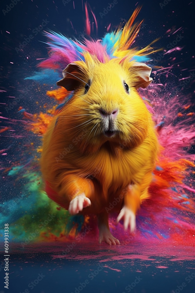 Poster an abstract surreal photograph of a guinea pig splashed in bright paint, contemporary colors and moo