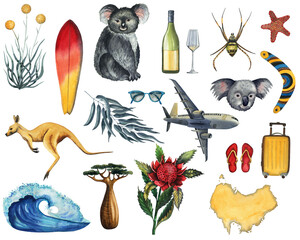 Travel Australia watercolor set with decorative elements airplane, suitcase, flip-flops, sunglasses, continent, eucalyptus, boomerang, koala, kangaroo, surfboard, telopea, waratah, seastar, wine - obrazy, fototapety, plakaty