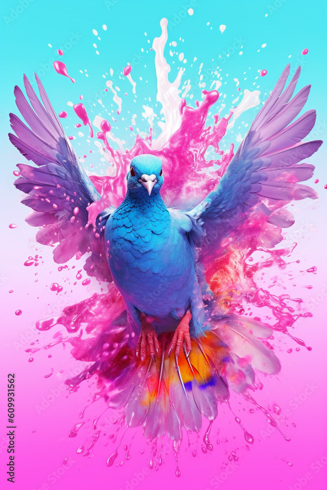 Aufkleber an abstract surreal photograph of a pigeon splashed in bright paint, contemporary colors and mood so