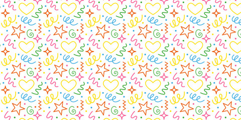 Colorful funny scribble, line, shape, seamless pattern doodle style. Festive repeating print. Childish carnival wallpaper print. Flat graphic vector illustration
