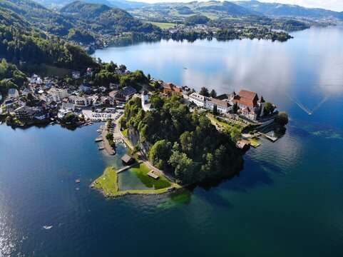 Austria drone view. Traunkirchen on beautiful Lake Traun (Traunsee) in Traunviertel region.