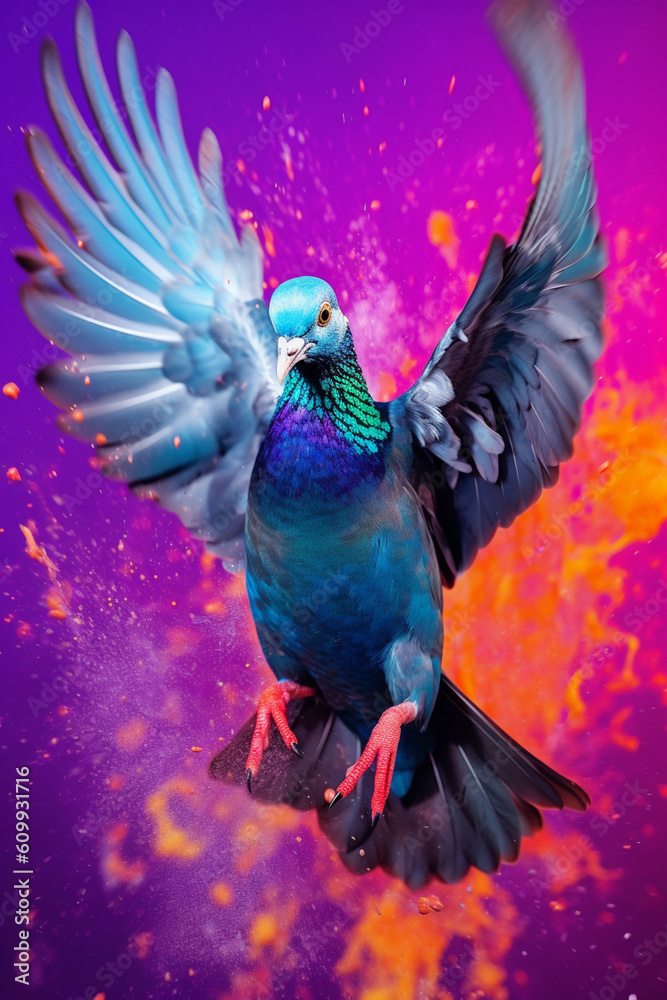Aufkleber an abstract surreal photograph of a pigeon splashed in bright paint, contemporary colors and mood so