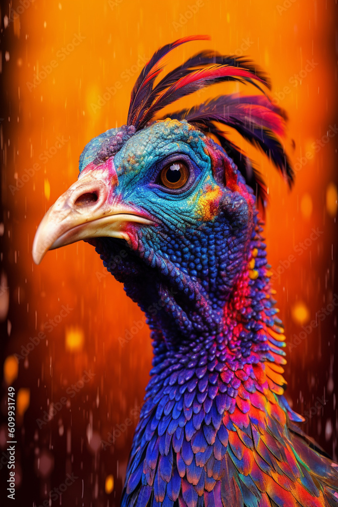 Poster An abstract surreal photograph of a Guinea fowl splashed in bright paint, contemporary colors and mood social background.  Generative AI technology.