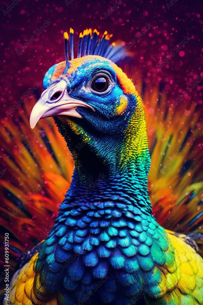 Poster an abstract surreal photograph of a guinea fowl splashed in bright paint, contemporary colors and mo