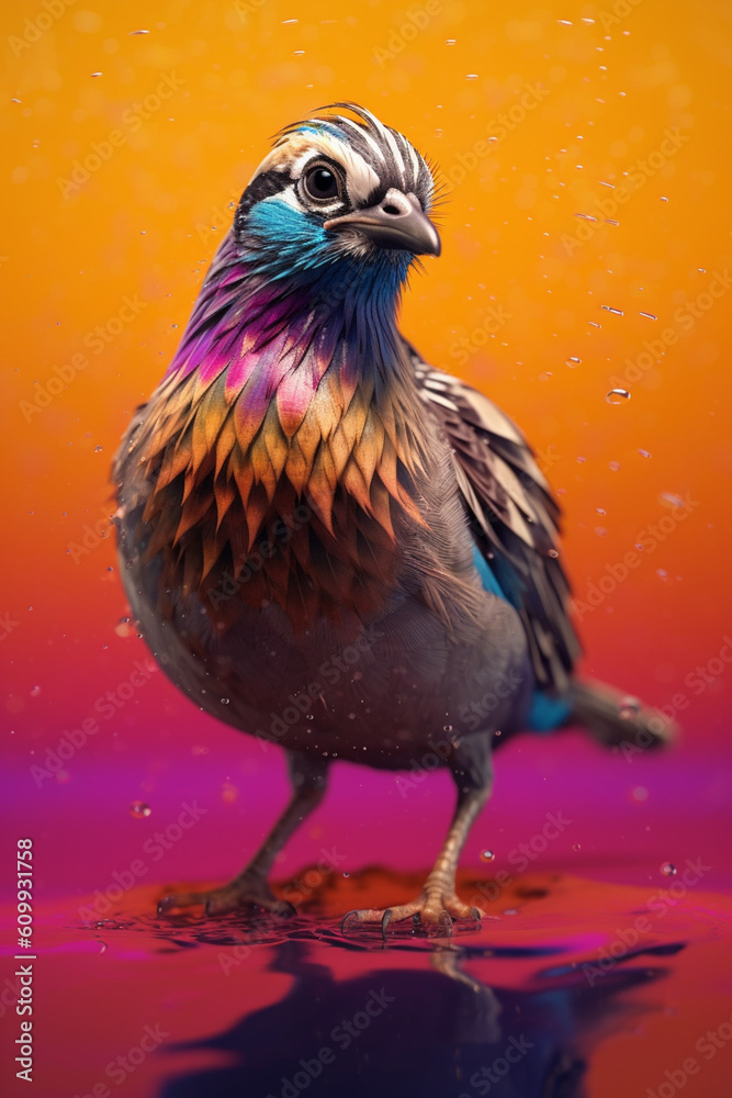 Poster an abstract surreal photograph of a quail splashed in bright paint, contemporary colors and mood soc