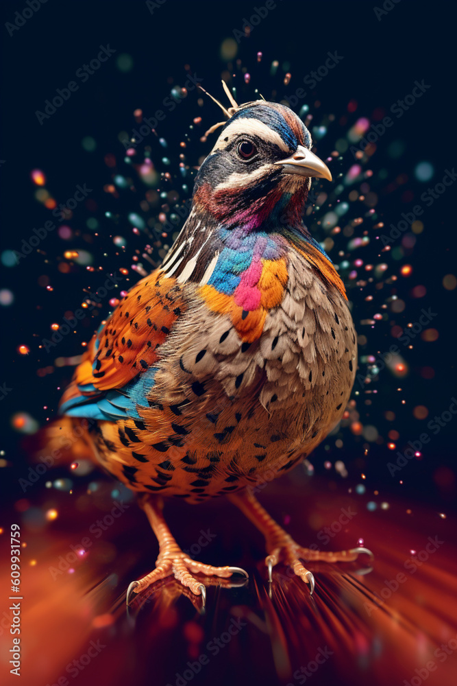 Poster an abstract surreal photograph of a quail splashed in bright paint, contemporary colors and mood soc