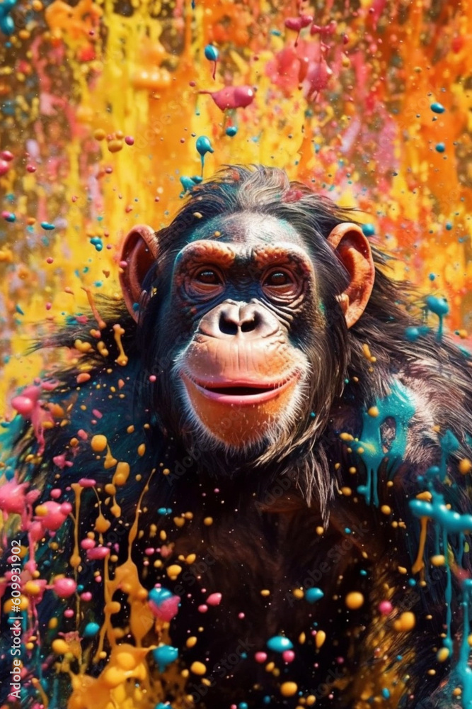 Poster an abstract surreal photograph of a chimpanzee splashed in bright paint, contemporary colors and moo