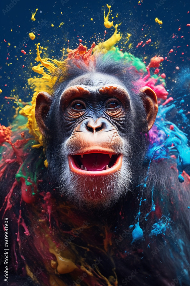 Poster an abstract surreal photograph of a chimpanzee splashed in bright paint, contemporary colors and moo